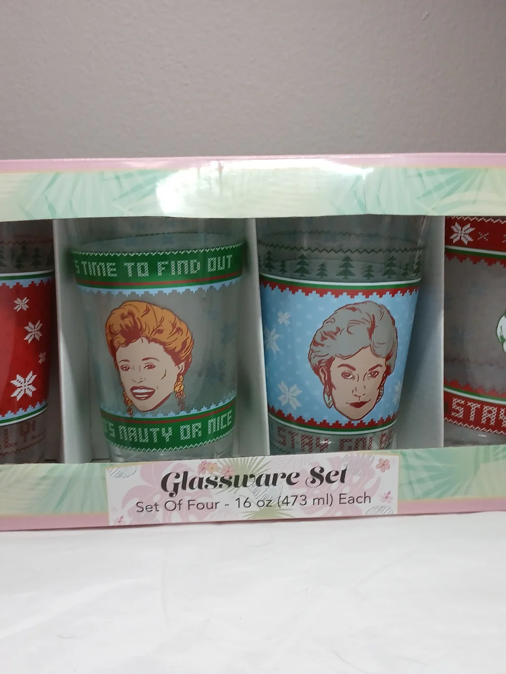 The Golden Girls Festive Holiday Glassware Set - Colorful Character Tumblers NIB